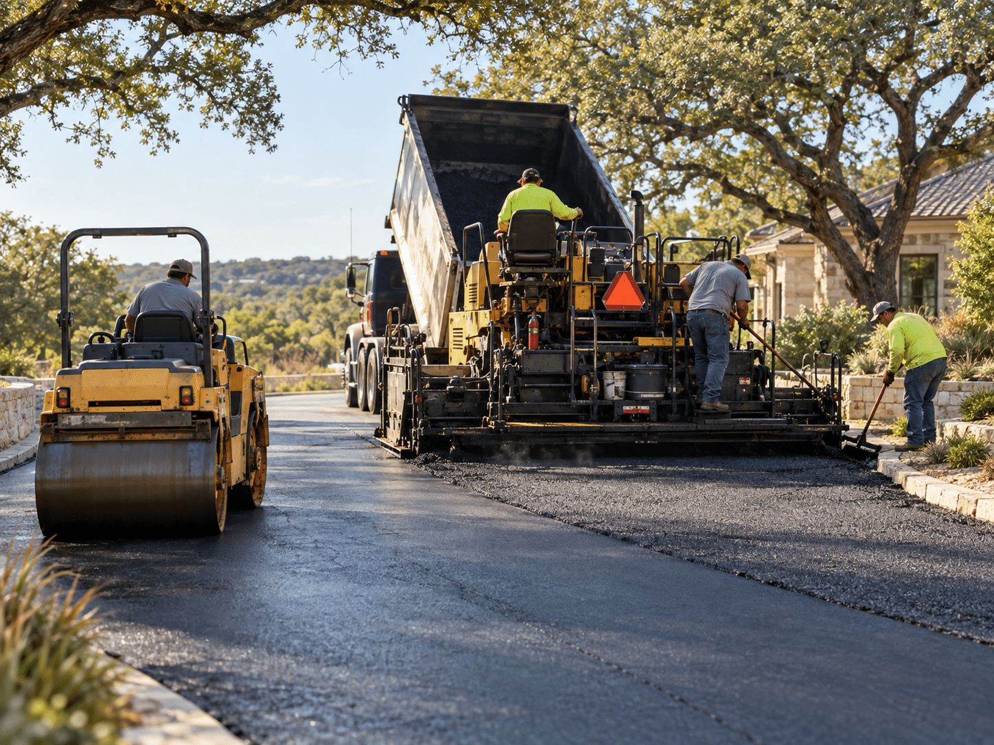 Paving crew lays asphalt using a paver and road roller