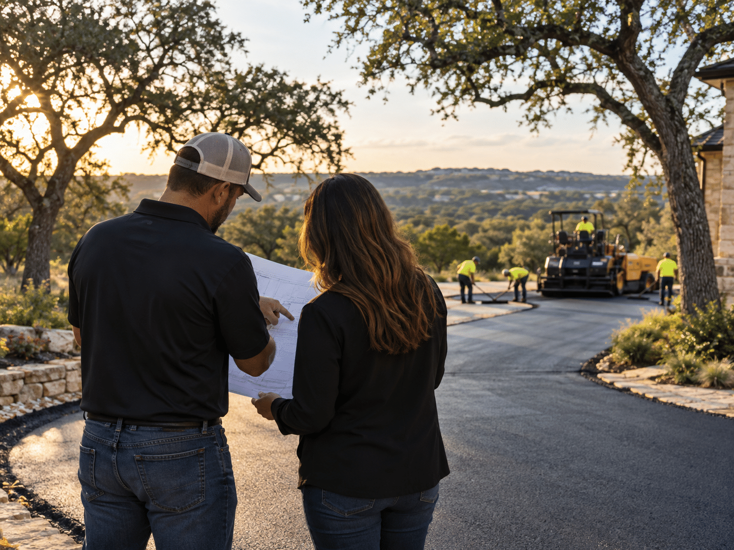 Two people review a paving project while a road crew works in the distance