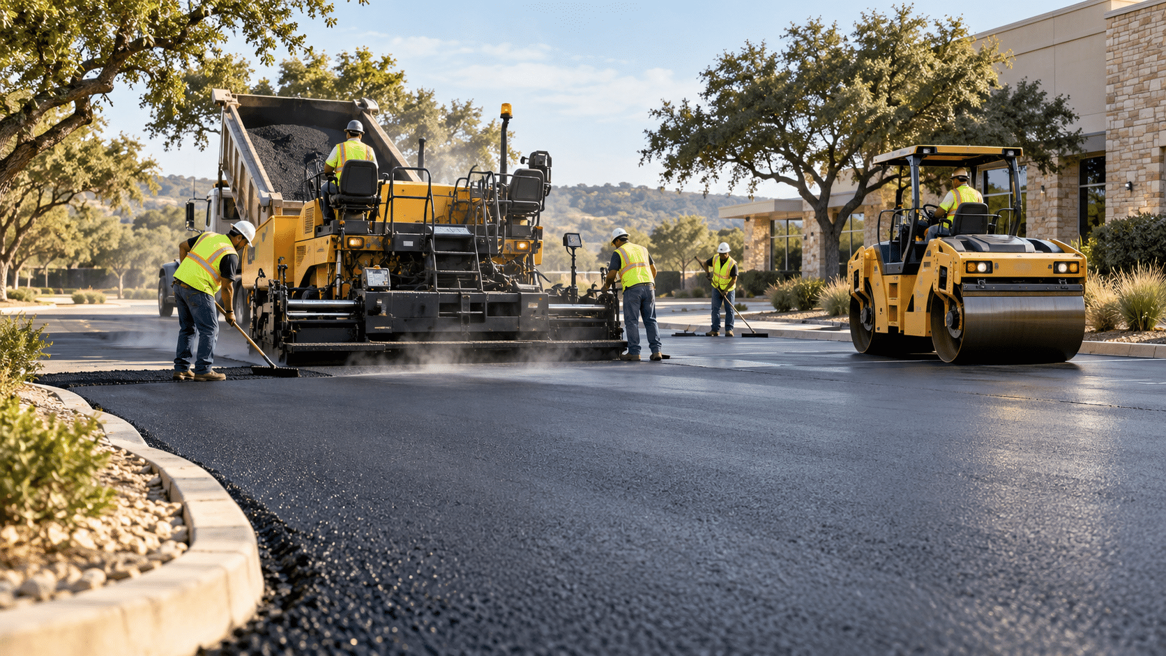 Paving crew laying asphalt on a tree-lined road