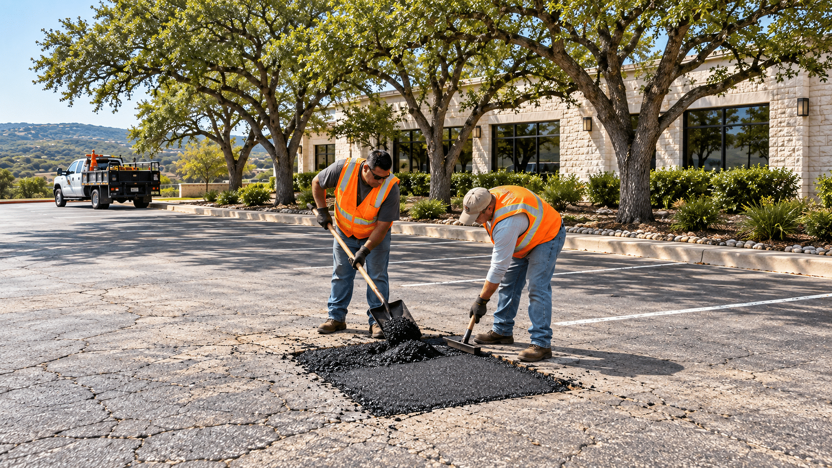 Two workers in safety vests stand beside paving equipment on a tree-lined road