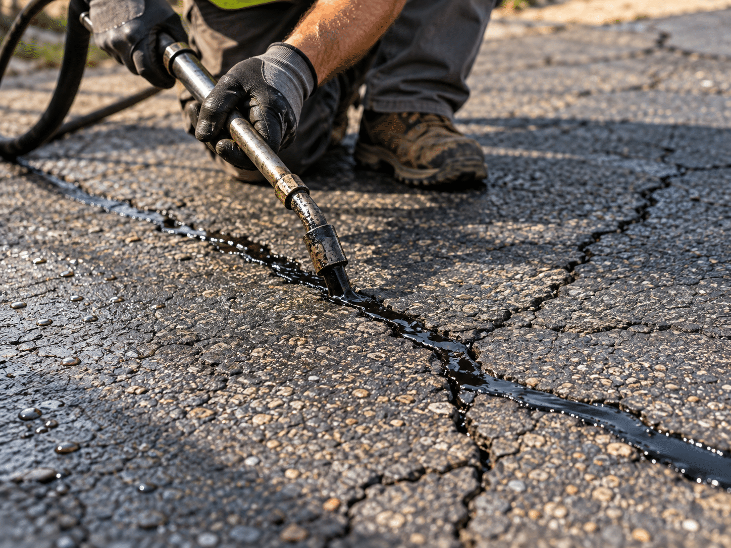 Worker fills cracks in asphalt pavement