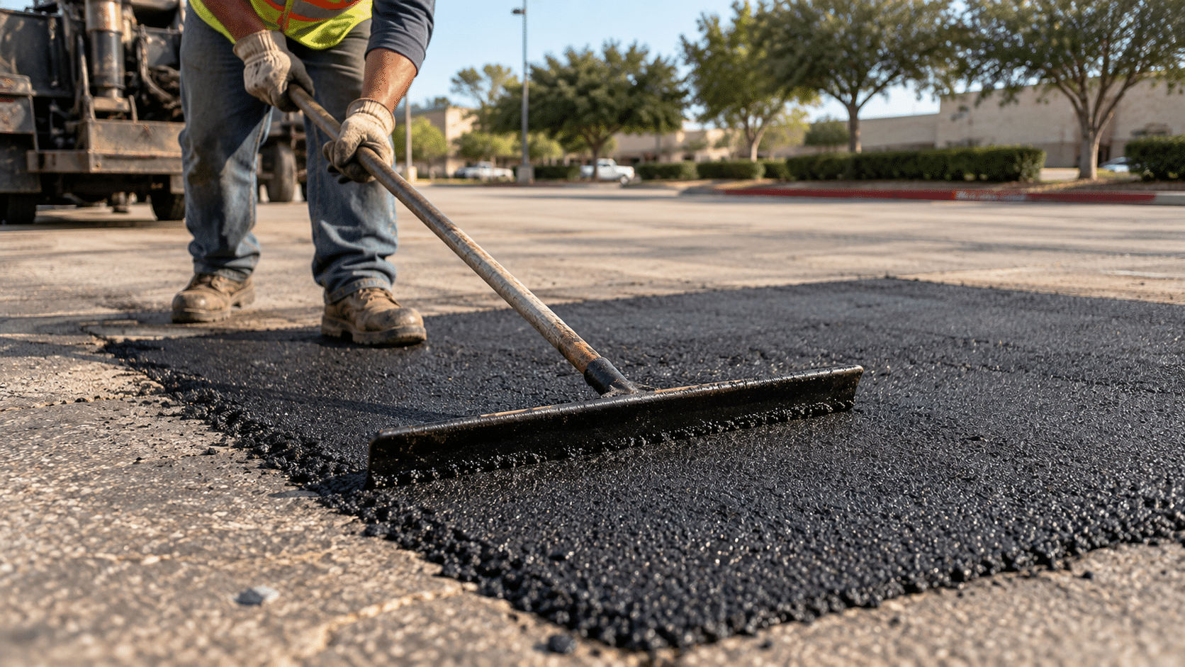 Worker smooths fresh asphalt with a rake
