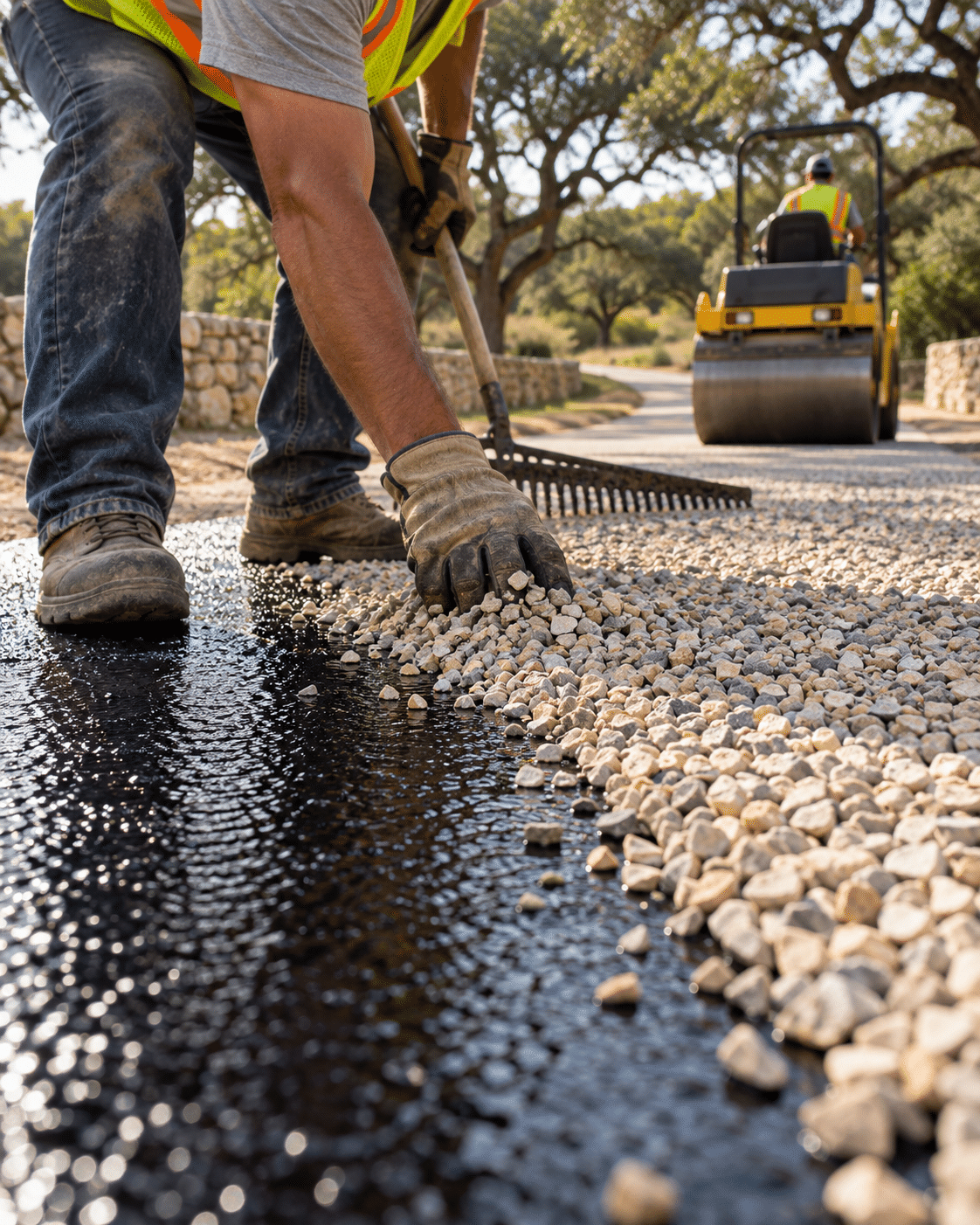 Worker spreads wet asphalt beside a road roller